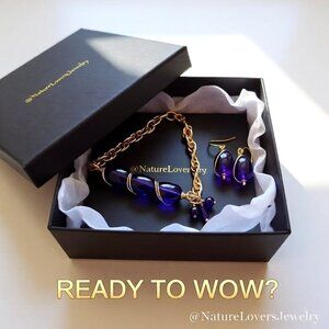 Cobalt Blue & Gold Chain Set - Chunky Bracelet & Earrings - Casual & Trendy!